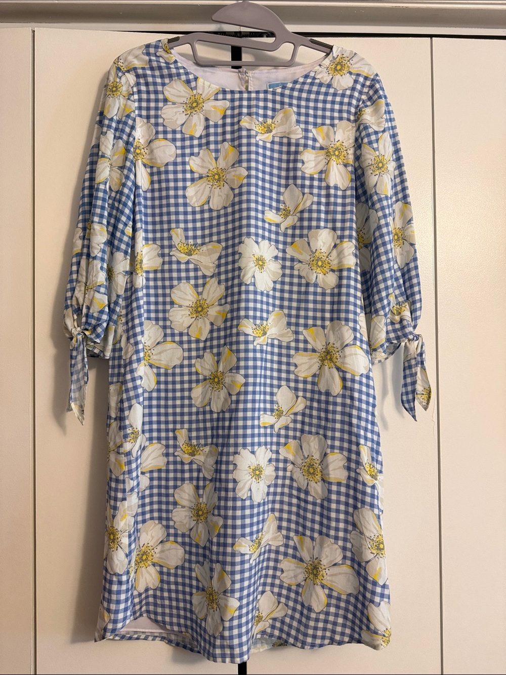 Draper James Blue Gingham Floral Tie-Sleeve Dress, size 2